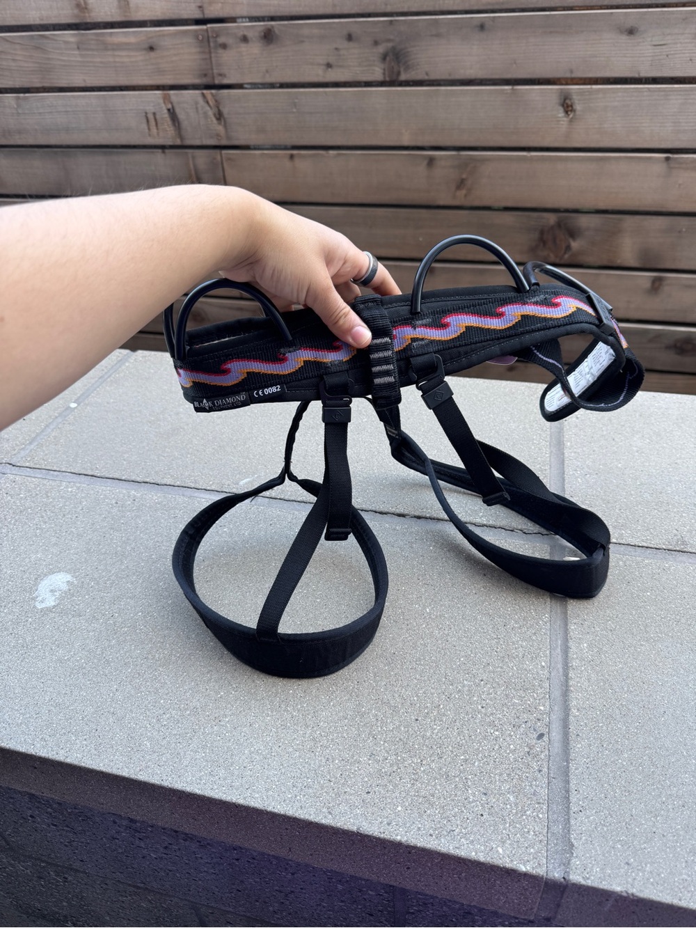 Black Diamond Climbing Harness with Pink and Purple Wave Detail
